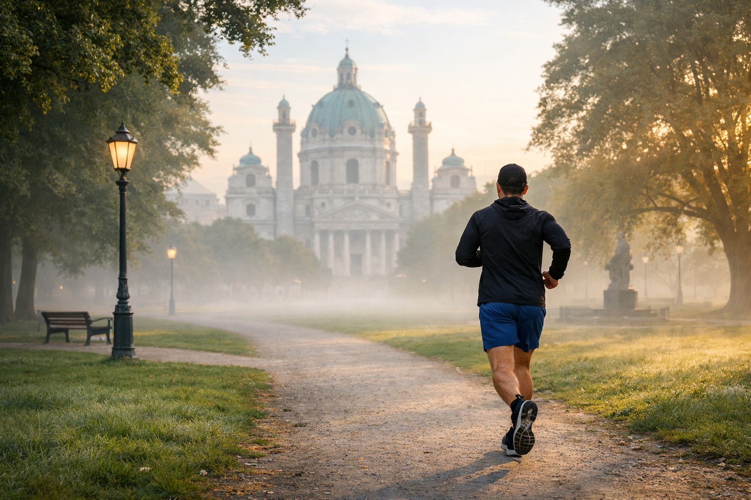 Person joggt im Morgengrauen durch den Wiener Park